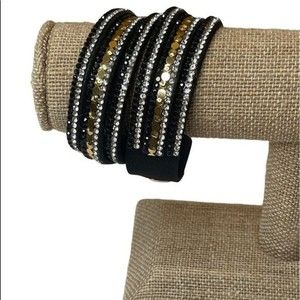 Fashion Jewelry Gold Tone Cubic Zirconia Black Bead Wrap Bracelet  16.5"